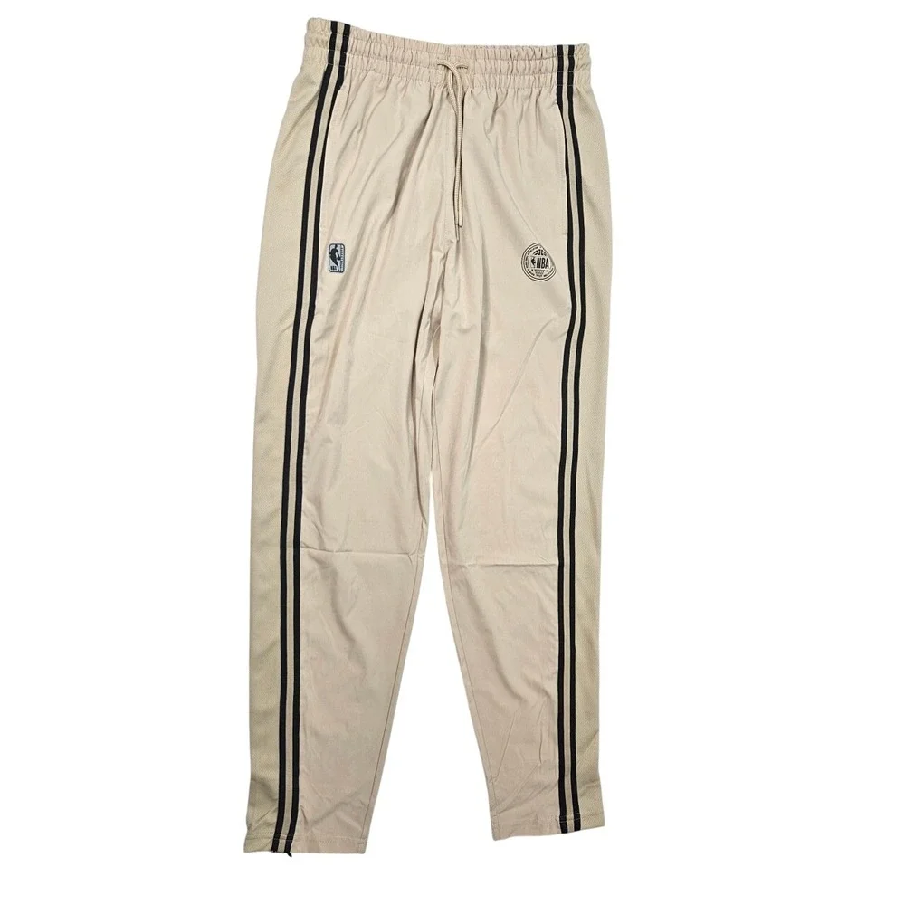NBA Men's Beige Track Jogger Pants Logo Side Stripes‎ Size Small Zip Ankle Cuff